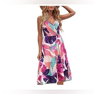 Summer Dress V Neck Floral Twist Knot Spaghetti Strap Casual Split Hem Sundress